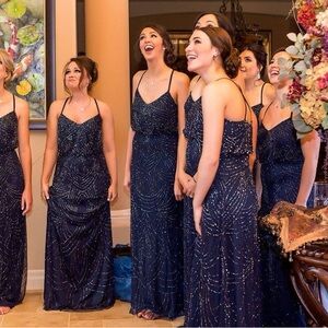Elegant Navy Adriana Papell Beaded Spaghetti-Strap Evening Dress